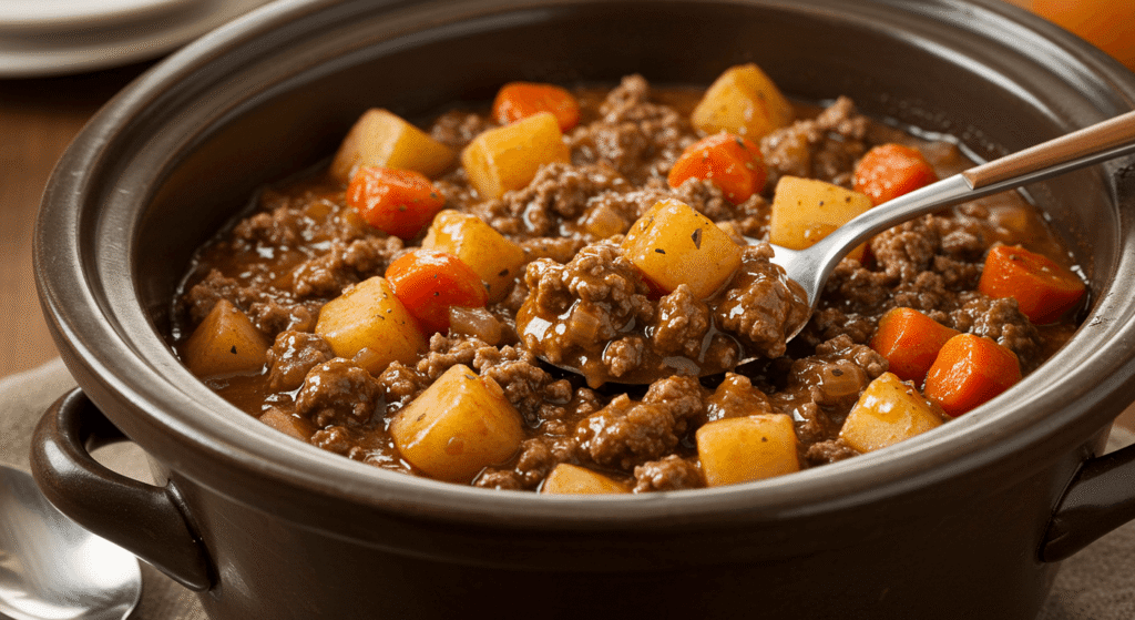Hearty Crock Pot Ground Beef Stew ready to serve with chunks of meat and vegetables