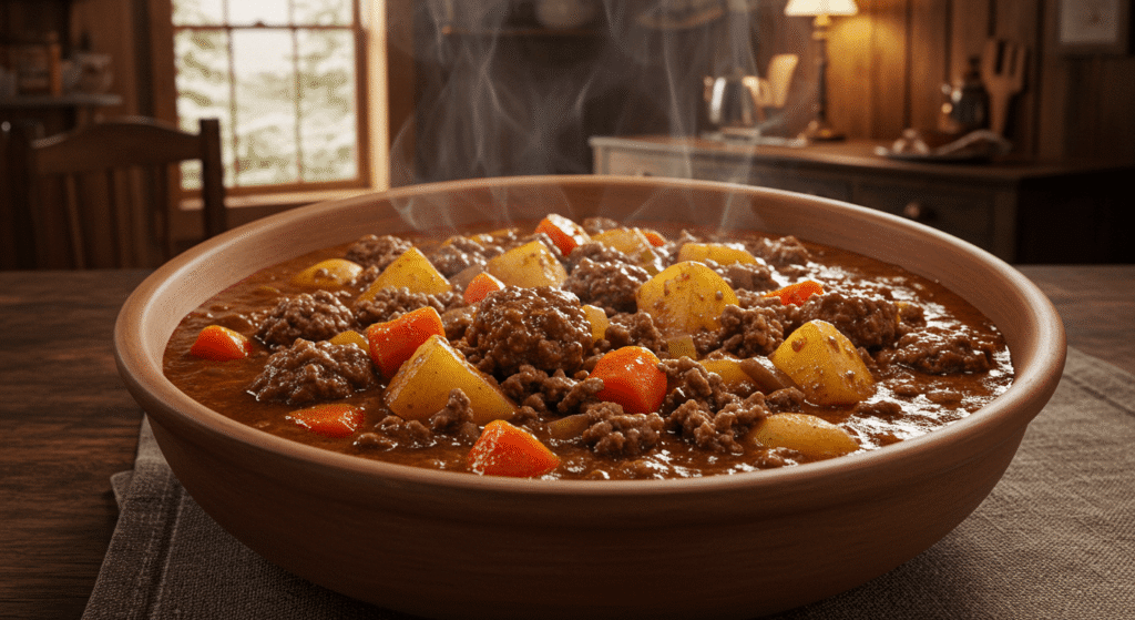 A bowl of hearty Crock Pot ground beef stew with vegetables and tender beef.