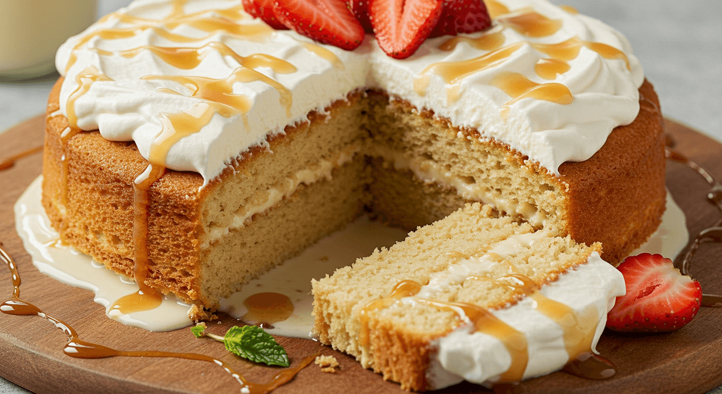 Gluten free tres leches cake recipe topped with whipped cream and berries