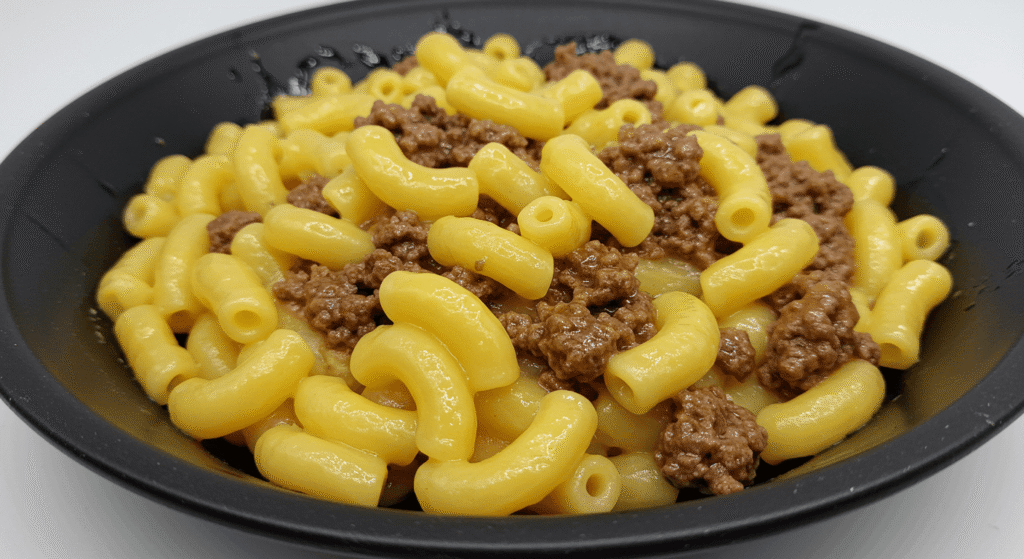 Kraft mac and cheese with ground beef and a sprinkling of herbs:Comforting and filling