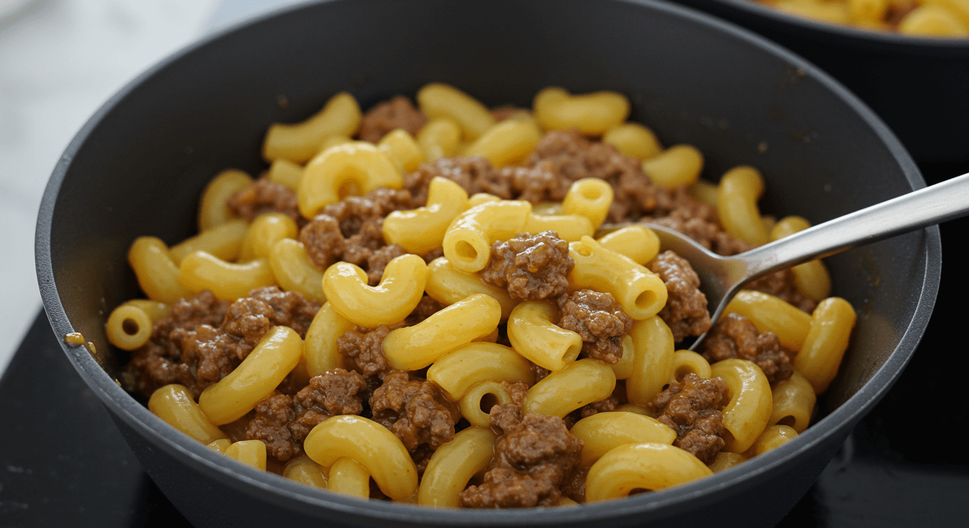 Kraft mac and cheese with seasoned ground beef in a skillet, ready to serve.