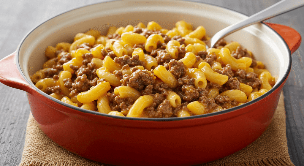 Kraft mac and cheese with ground beef served with a side of garlic bread:Easy family mea
