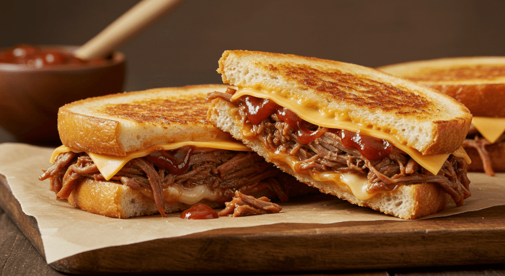 BBQ pulled beef grilled cheese sandwich with melted cheese oozing out from crispy toasted bread.