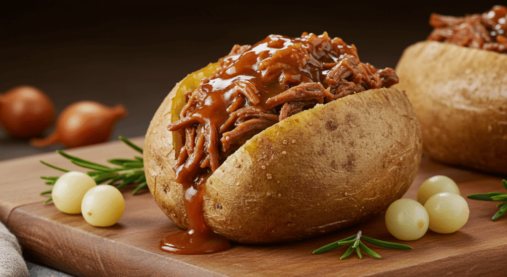 Golden baked potato stuffed with pulled beef (winter favorite), garnished with cheese and fresh herbs