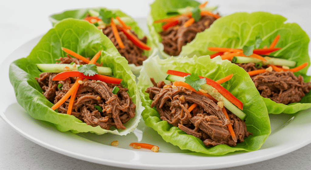 Asian pulled beef lettuce wraps (light & refreshing) filled with tender beef, fresh herbs, and a drizzle of hoisin sauce.