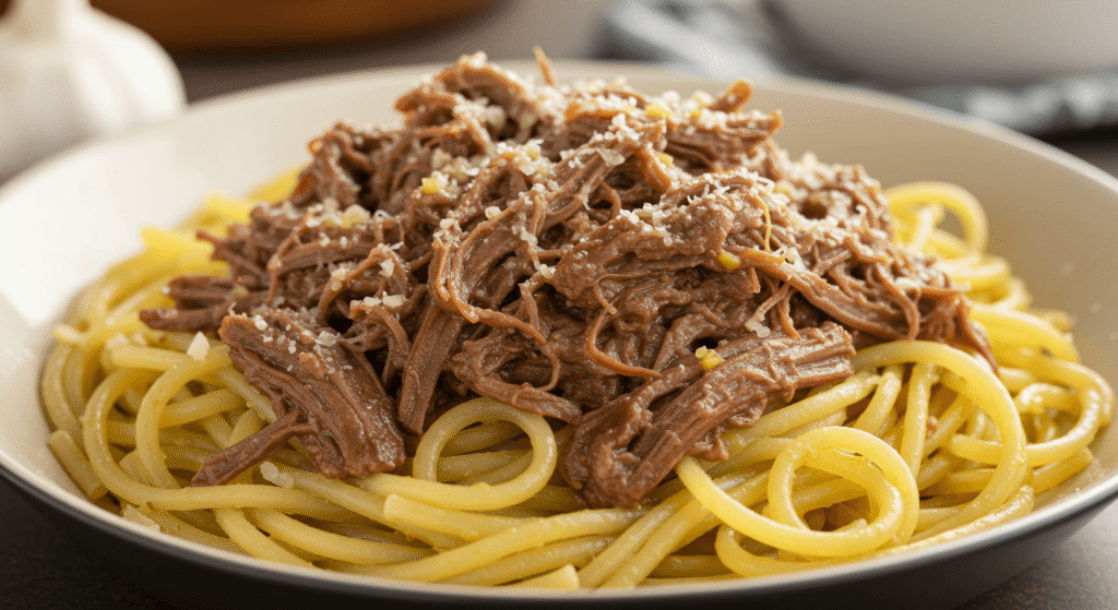 Pulled beef pasta with garlic and olive oil (Italian-inspired) served in a rustic bowl with fresh parsley