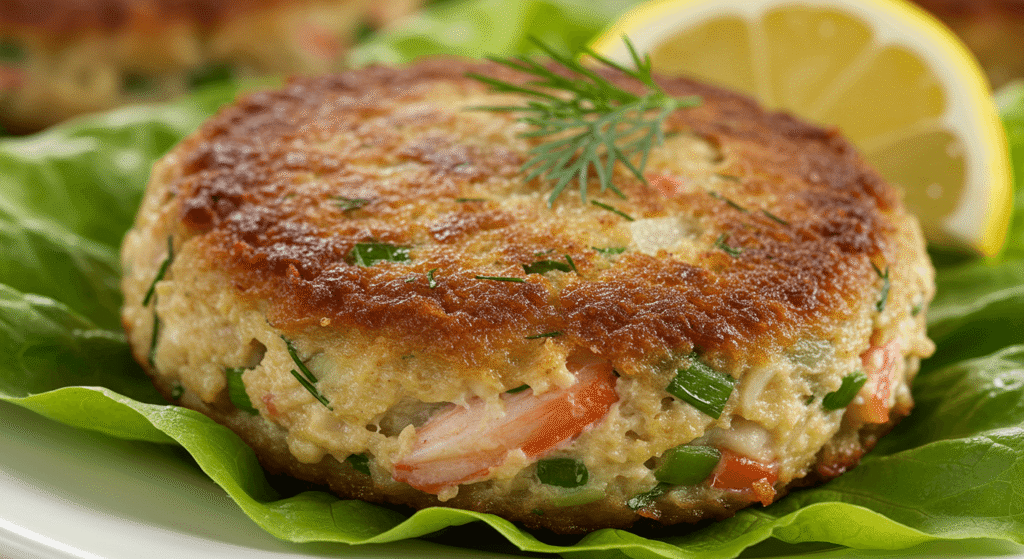 Close-up of Chicken of the Sea crab cake with fresh herbs on top